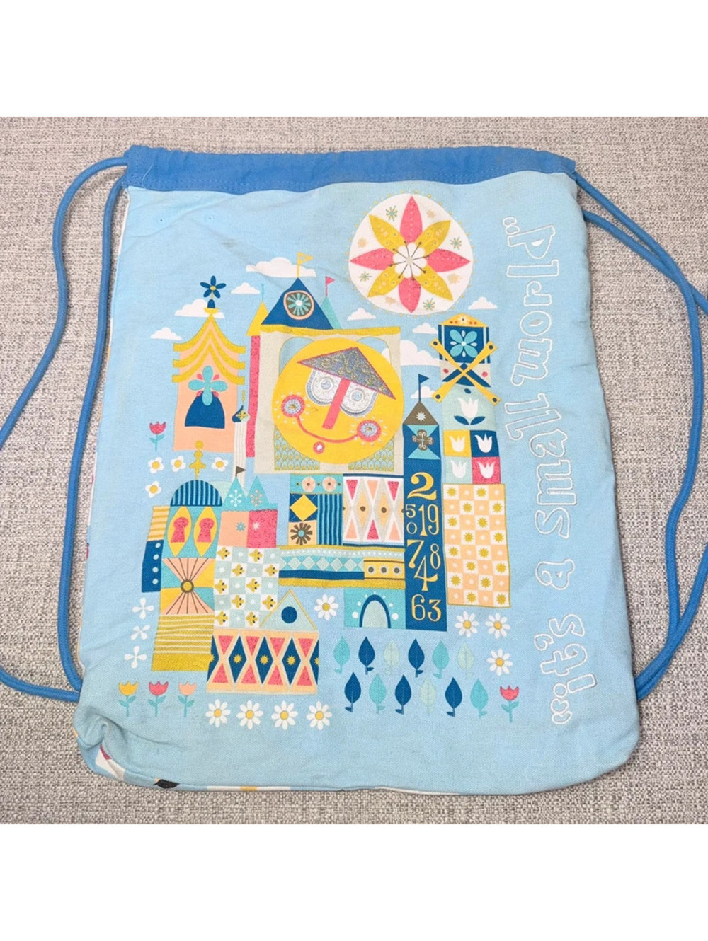 It’s a Small World Disney Parks Drawstring Backpack Bag Purse Retro Characters